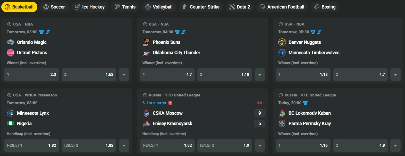 JB sportsbook live odds interface showing matches