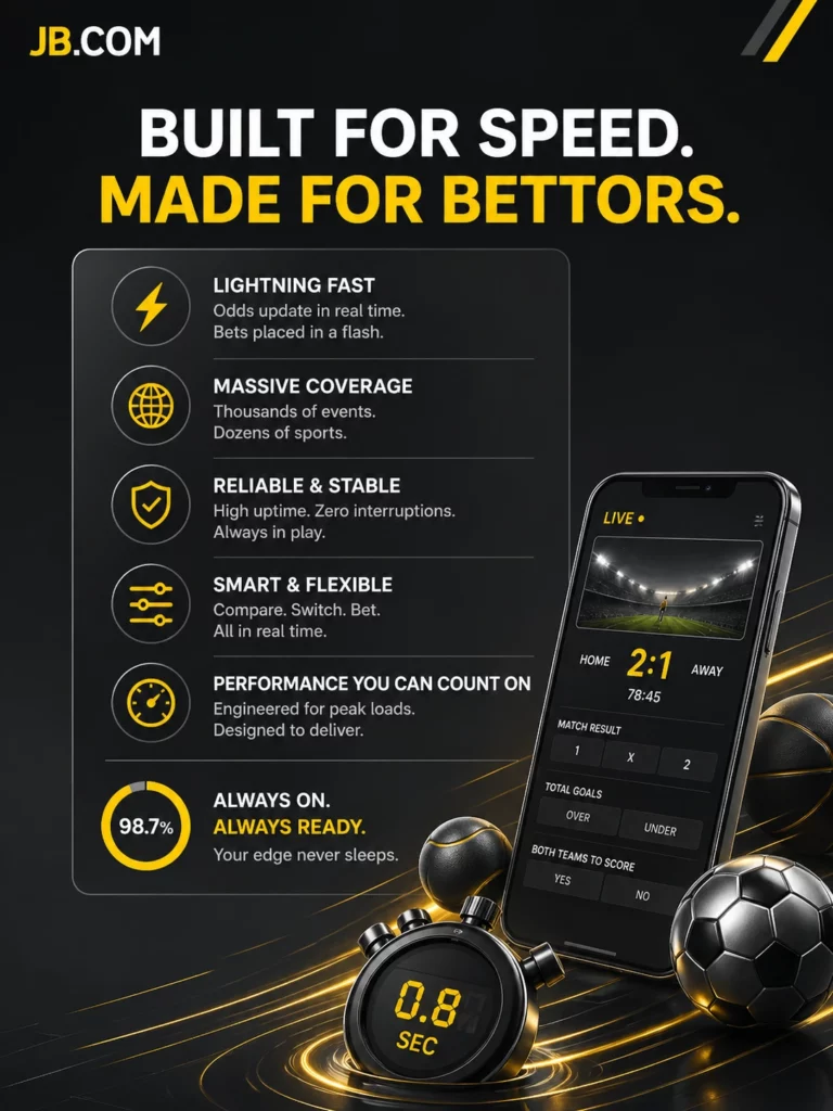 JB sportsbook speed banner with live betting interface fast odds updates mobile app stopwatch performance black gold design